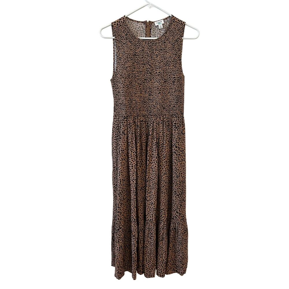 J. CREW Leopard Print Smocked Bodice Midi Dress XS Sleeveless Pockets - Picture 6 of 11